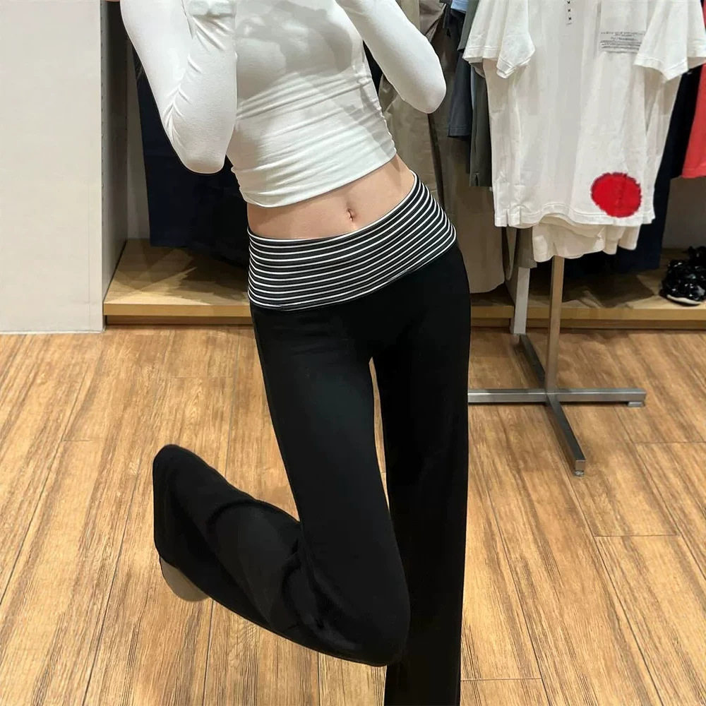 黑色条纹低腰微喇修身瑜伽女裤