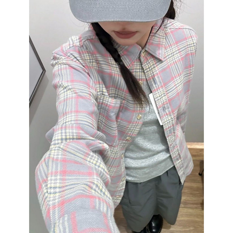 日系POLO领格子宽松长袖衬衫女