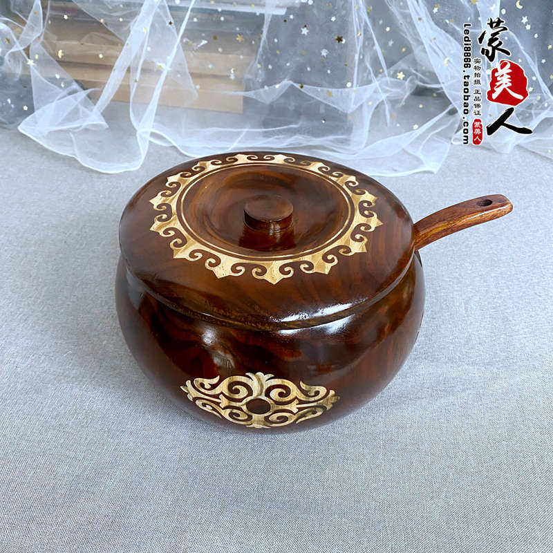 实木一体炒米碗带勺家用汤碗餐具木质木碗内蒙古特色收纳面碗加厚