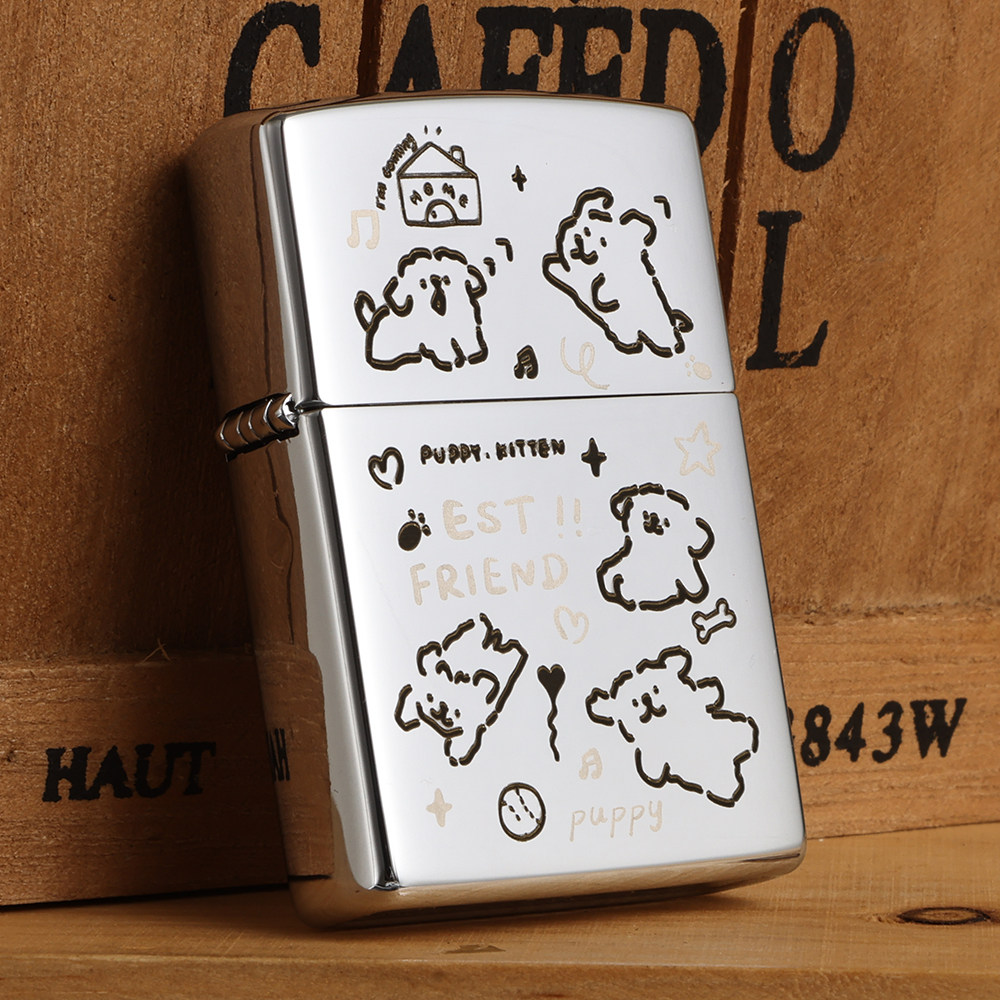 ZIPPO 动物系列 贪玩小狗 镜面 实用 防风煤油银色打火机礼盒套装