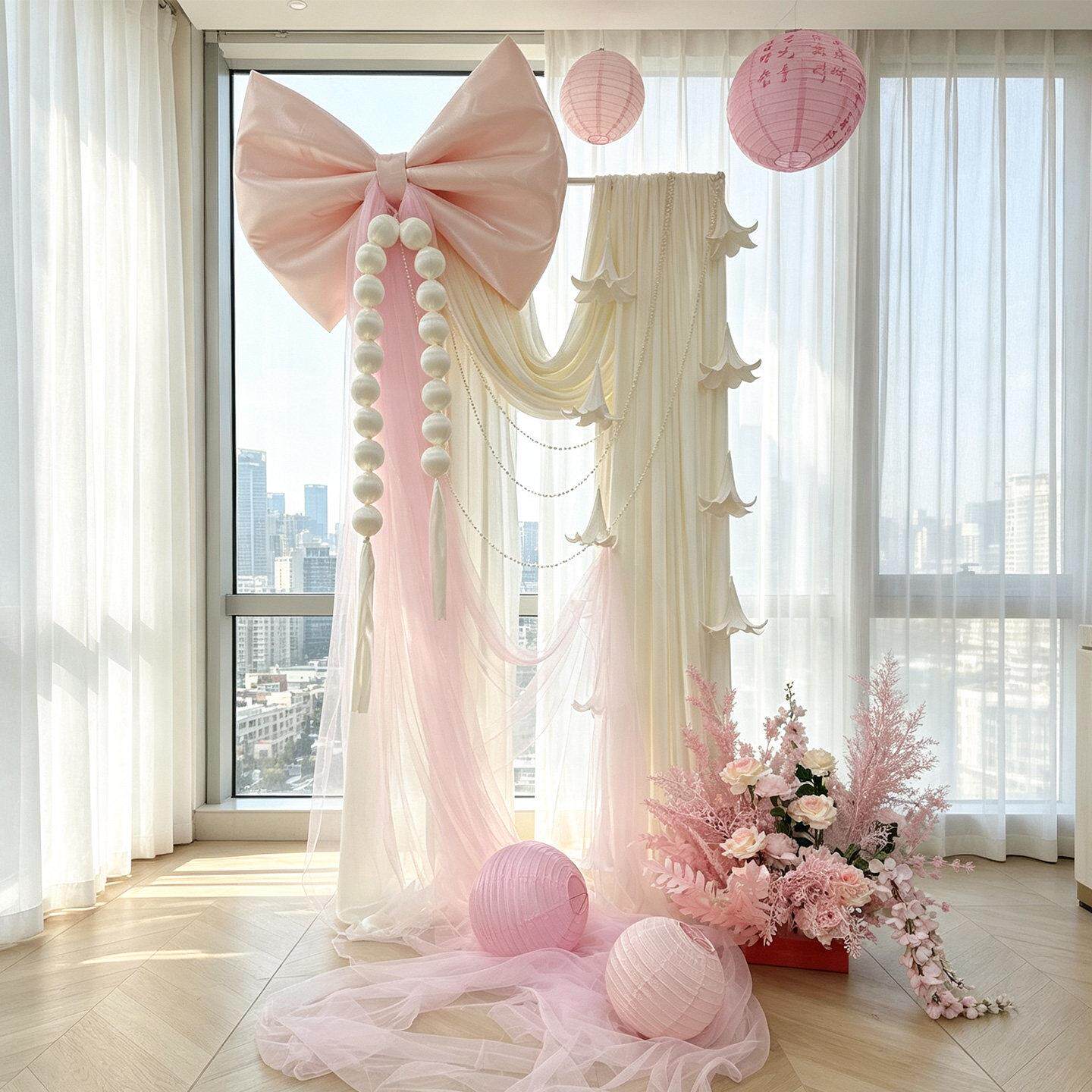 结婚房布置奶店油BAW褶皱布幔百合酒卧室装饰订婚婚晨袍婚拍照背
