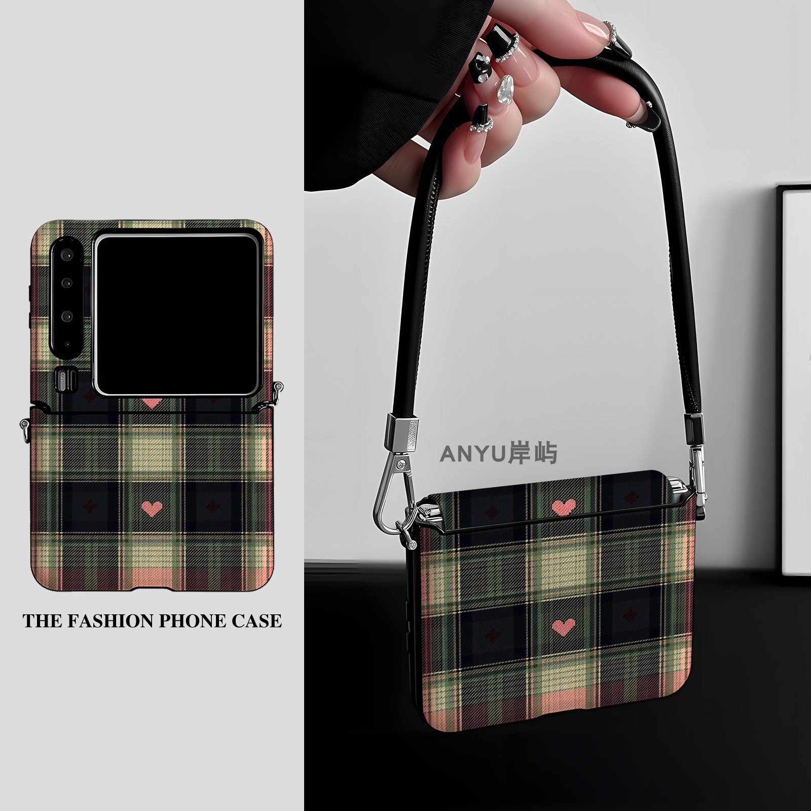 格纹爱心挂绳适用华为PuraX Max手机壳iPhone苹果Duo折叠P50pockets2小米Flip2三星ZFlip8Flip7/6MagicvFlip2