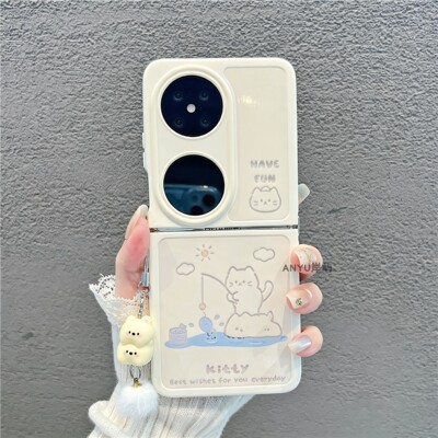 ins线条钓鱼小猫适用华为P60pockets2手机壳novaFlip小米mixflip2三星ZFlip7/6荣耀VFlip2折叠FindN3Flip情侣