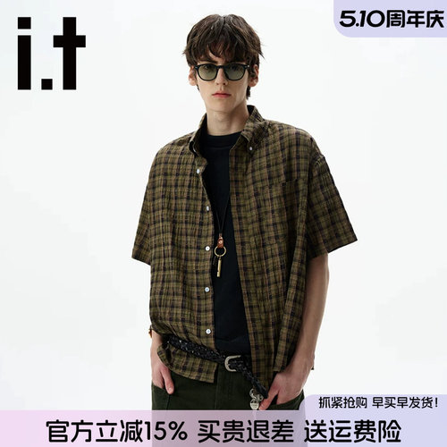 itFIVECM格子衬衫短袖t恤男