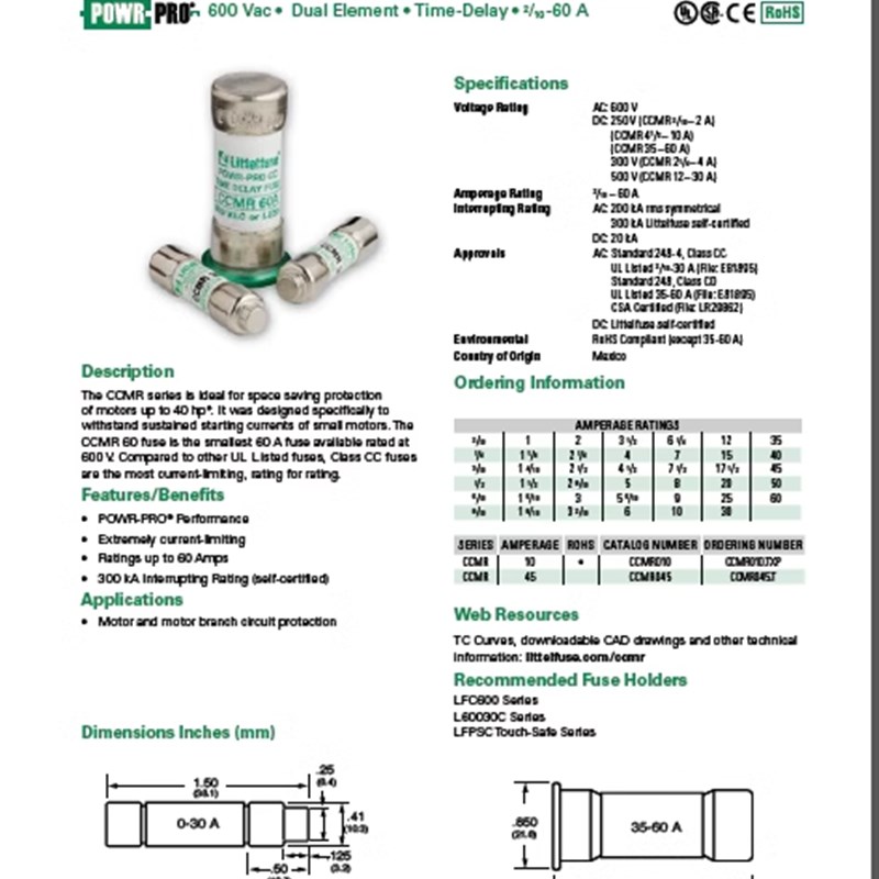 CCMR 20美国力特Time-Delay延时熔断器/保险丝20A600V10*38mm正品