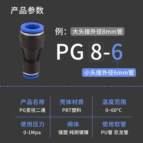 气管快速接头气动快插高压软管变径二通接头PG6/8/10/12/16-4/6/8