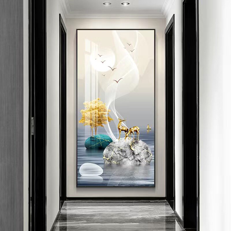 福禄进门现代简约玄关装饰画客厅挂画入户画道墙壁麋鹿走廊大气过