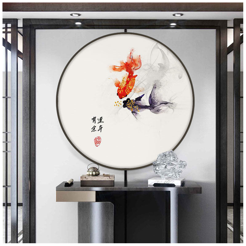 随缘禅意字画圆形挂画玄关中式壁画背景装饰画书房新茶室客厅走廊
