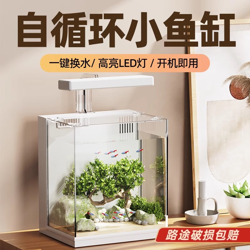 老渔匠生态桌面斗鱼鱼缸小型免换水懒人超白玻璃背过滤金鱼办公室图片