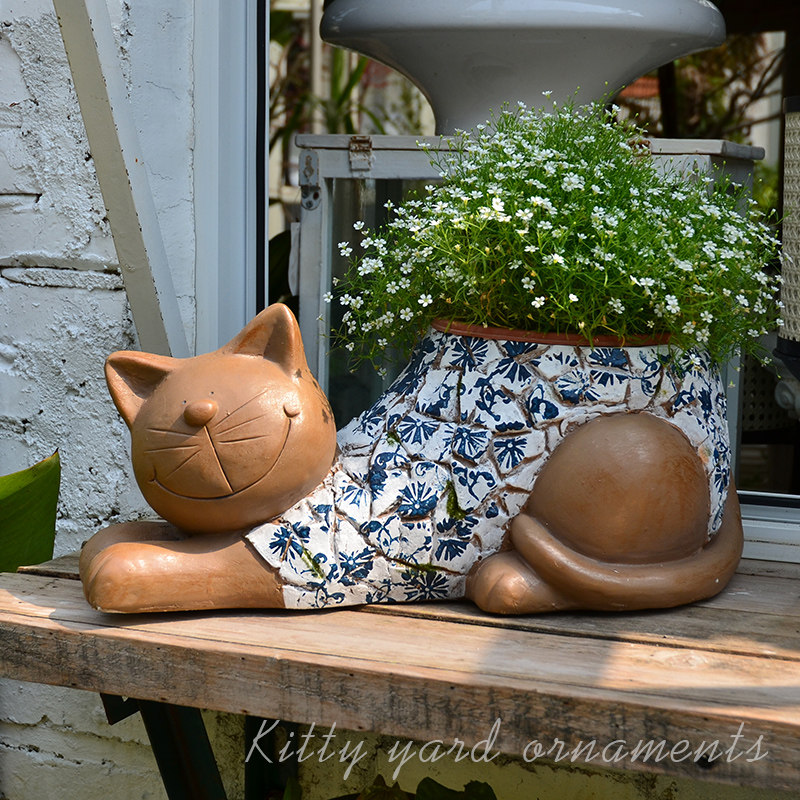 创意小猫咪花盆青花图案庭院摆件阳台花园可爱动物造景装饰品布置