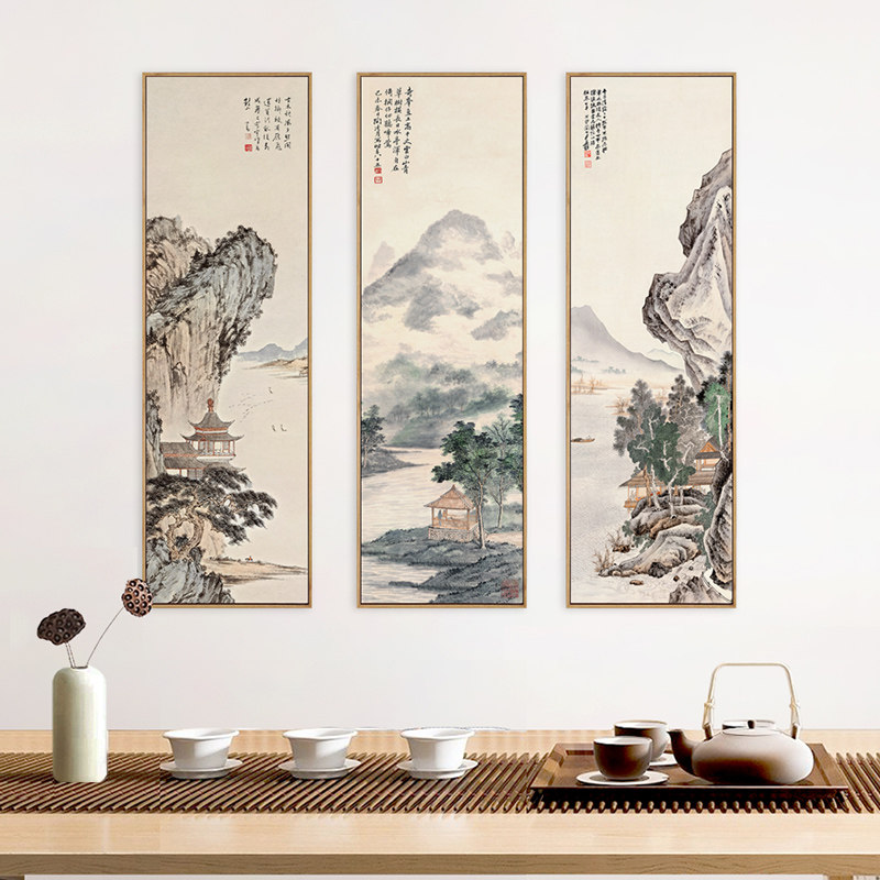 新中式玄关山水挂画竖版装饰画古代名家水墨画客厅茶室背景墙壁画