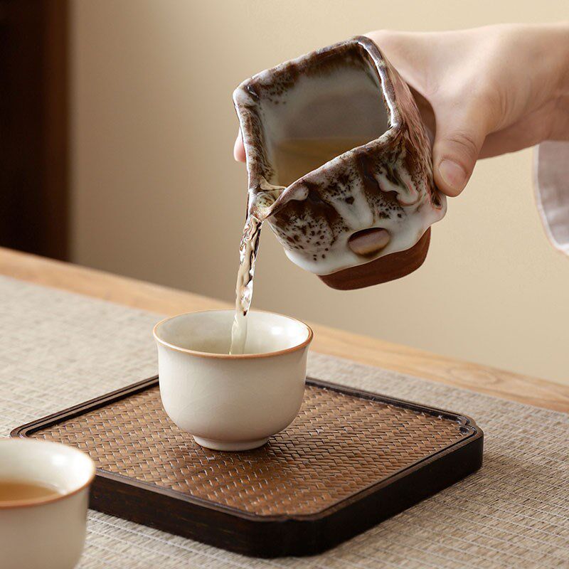 柴烧志野茶具粗陶公道杯四方来财流釉分茶器纯手工日式茶海分茶杯