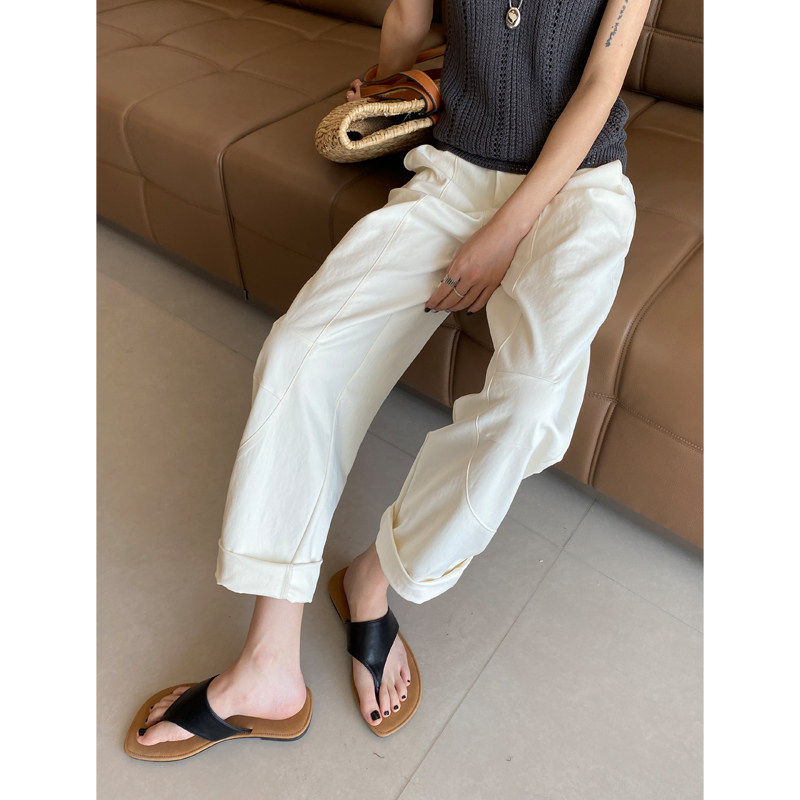 米白色工装裤女夏季薄款高腰宽松哈伦萝卜裤宽松休闲阔腿九分裤子