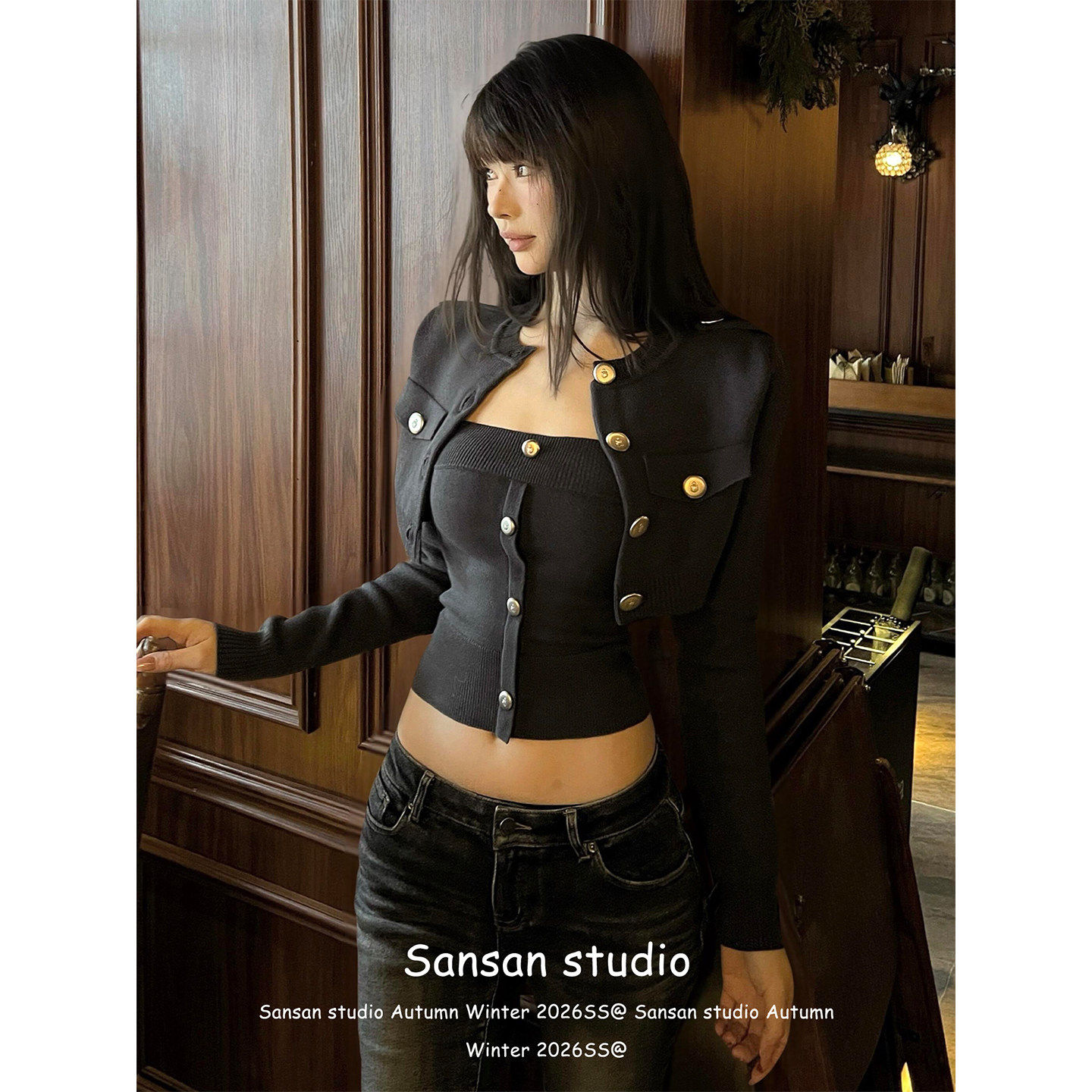 韩系针织开衫女早春穿搭金属扣肩章毛衣外套修身抹胸两件套上衣潮