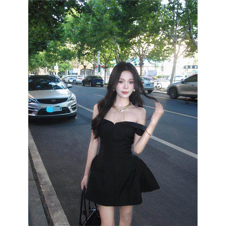 SYJ/舒衣家 千金风黑色一字肩抹胸连衣裙女显瘦生日宴会礼服短裙