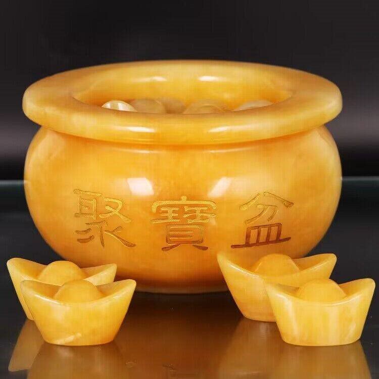 天然黄玉聚宝盆摆件原矿玉石招财客厅店铺收银台摆设办公室装饰品