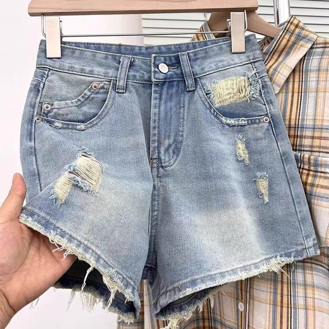 美式复古高腰破洞阔腿牛仔短裤2026夏季新款大码宽松显瘦毛边热裤