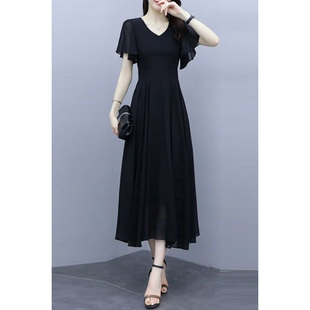 夏2025新款 黑色雪纺连衣裙长款 气质收腰显瘦大摆沙滩长裙 女装 大码