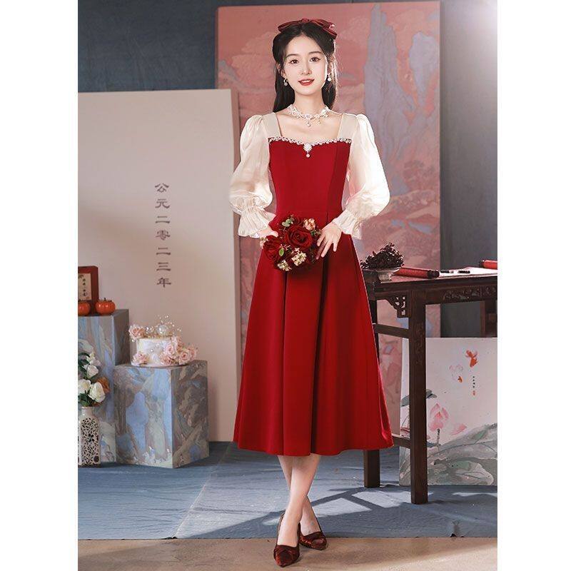 温柔风敬酒服小个子新娘订婚连衣裙平时可穿红色礼服女夏季回门