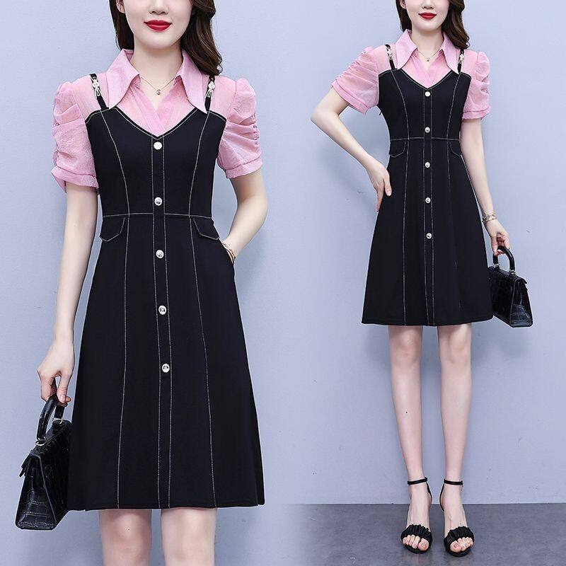 衬衫连衣裙子女士夏季2026年新款小个子假两件短袖气质洋气中长裙