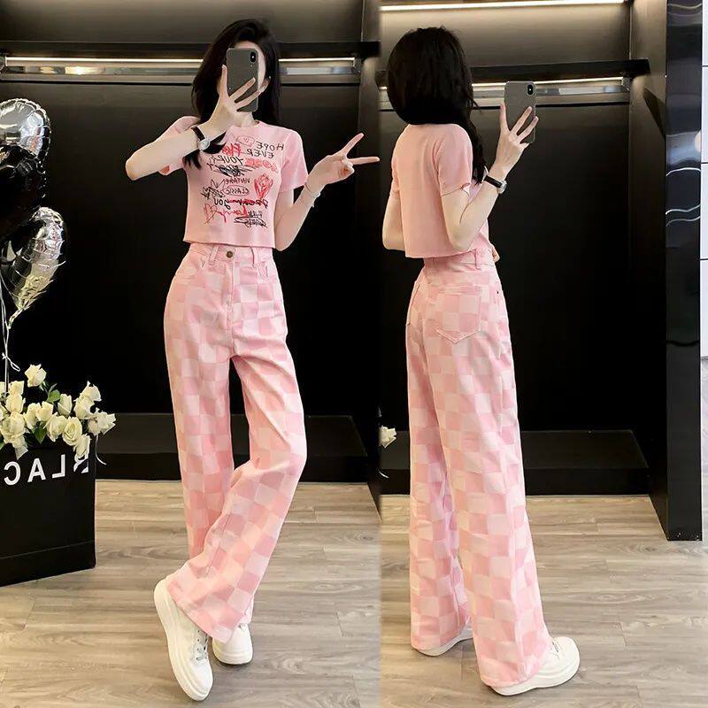 欧货时尚套装女夏季盐系减龄炸街高级感休闲运动牛仔裤两件套显瘦