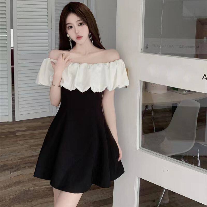 一字肩连衣裙2023夏新款千金风荷叶领修身包臀性感生日小礼服裙女