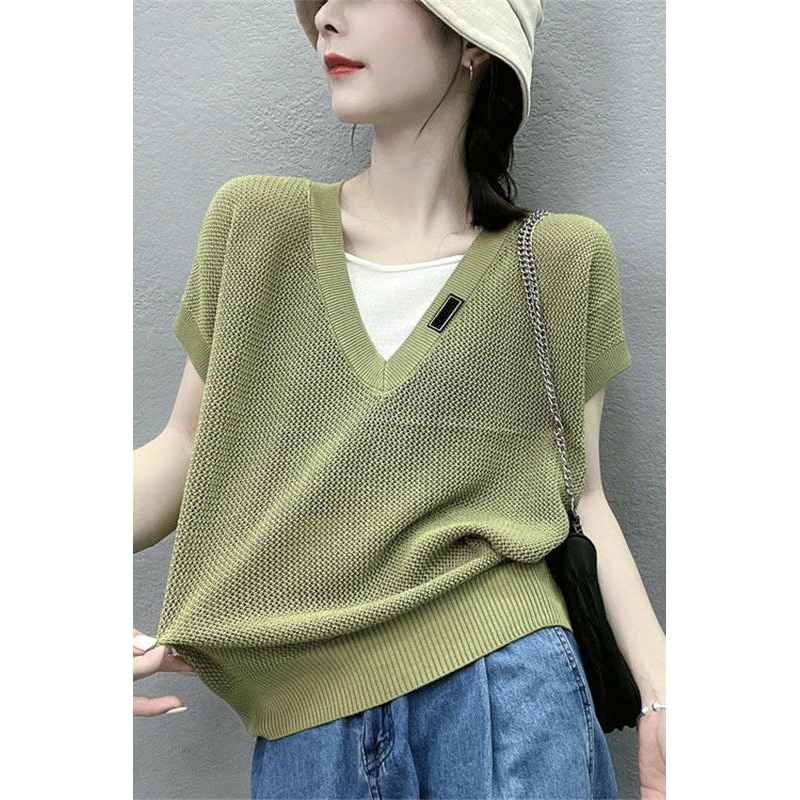 【专柜大码】假两件V领短袖T恤女新款韩版时尚休闲薄款透气针织衫