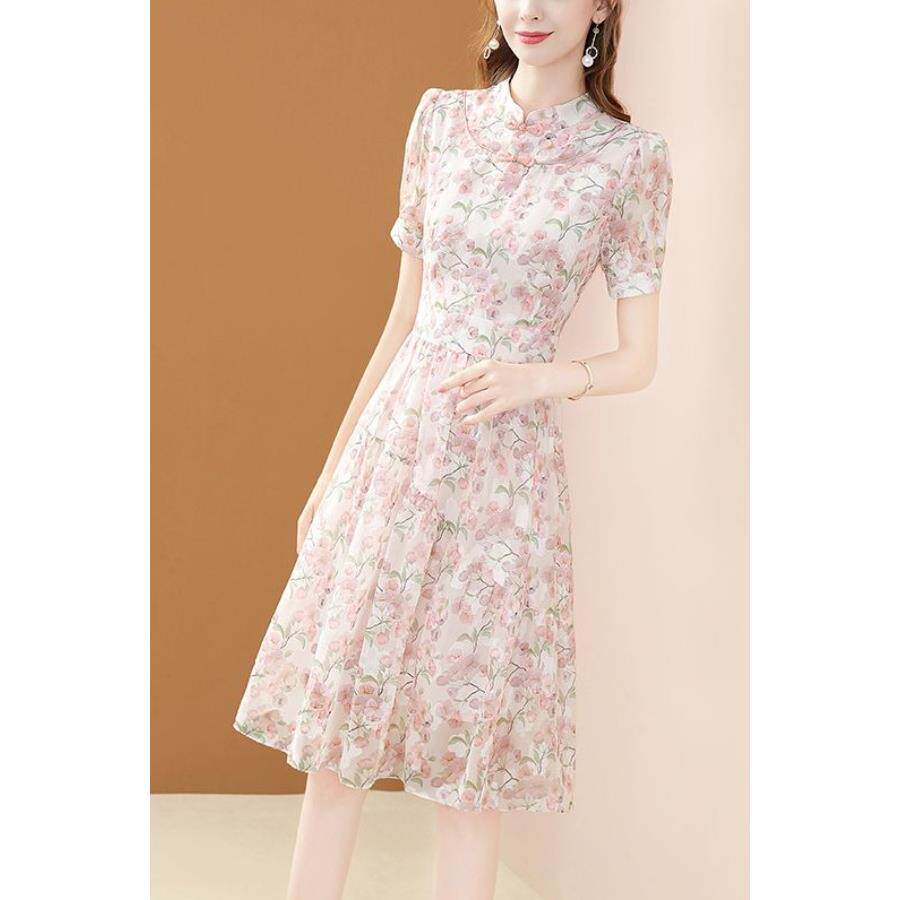 旗袍连衣裙女夏季2024新款气质收腰显瘦中长款小个子碎花雪纺裙子
