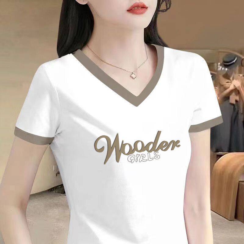 纯棉白色V领正肩短袖t恤女夏季正肩2025新款宽松显瘦遮肚子上衣潮