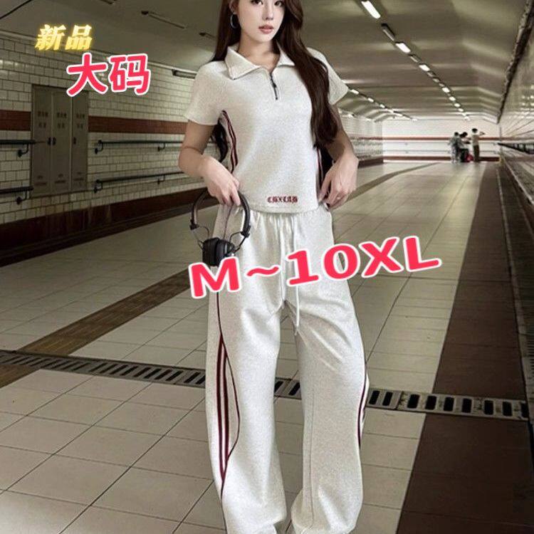 加大码胖MM休闲运动套装女夏季2026新款小个子短袖阔腿裤两件套潮