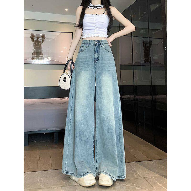 春秋新款浅蓝阔腿牛仔裤女2026大码高腰显瘦垂感宽松直筒拖地长裤
