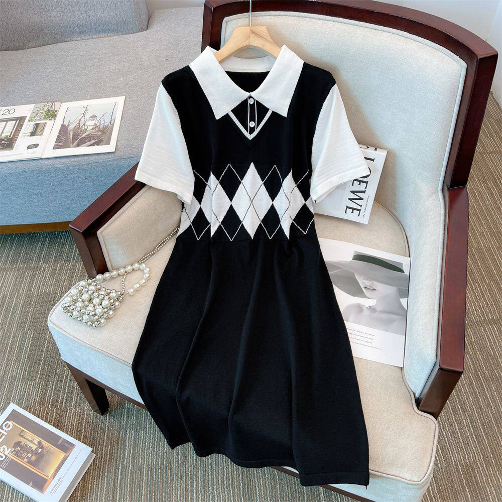 2025夏季新款短袖简约套头百搭针织连衣裙女POLO领格子假两件裙子