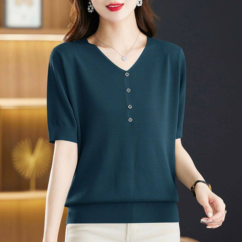 新款v领冰丝女士t恤短袖宽松纯色大码百搭显瘦薄款洋气上衣针织衫