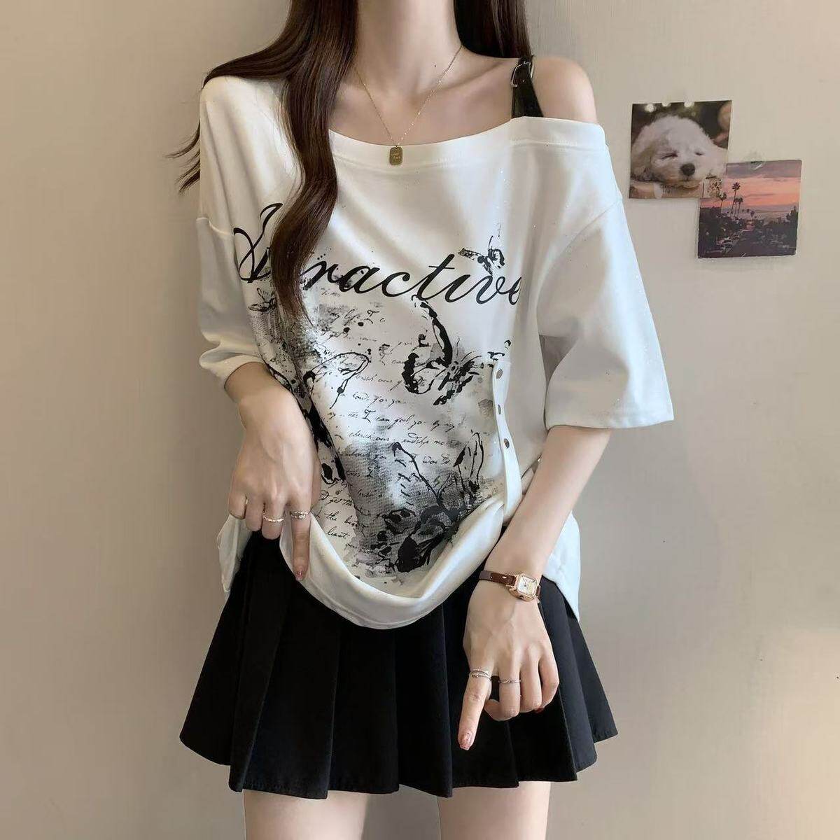 纯棉大码美式露肩正肩短袖T恤女2025夏大码胖mm宽松遮肚独特上衣