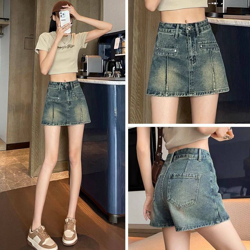 假两件牛仔半身裙夏季薄款高腰A字遮胯防走光小个子裤裙辣妹短裤