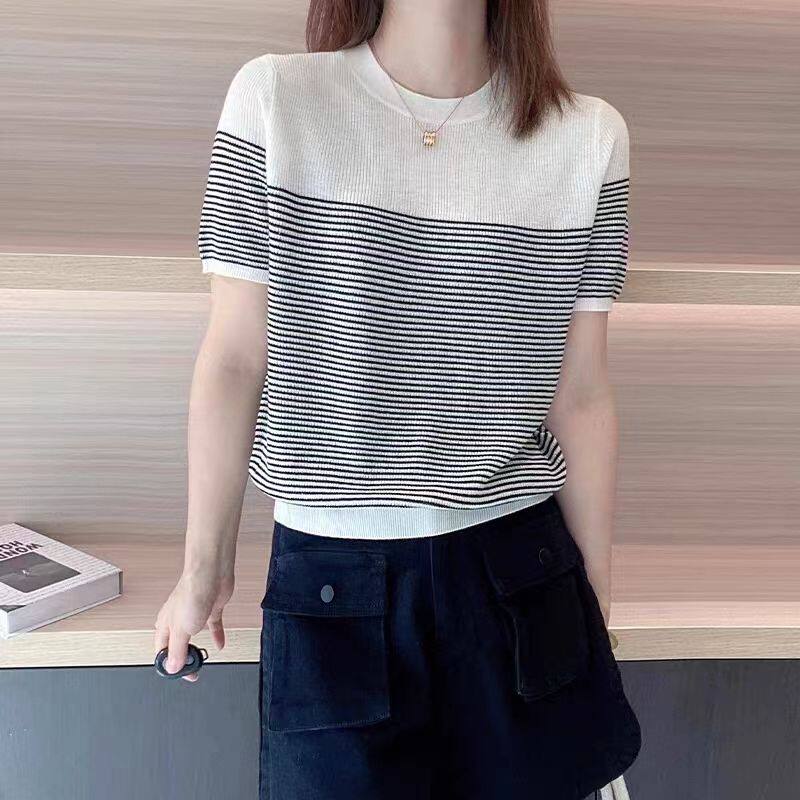 2023年新款时尚圆领撞色高级上衣百搭设计感小众条纹短袖针织衫女