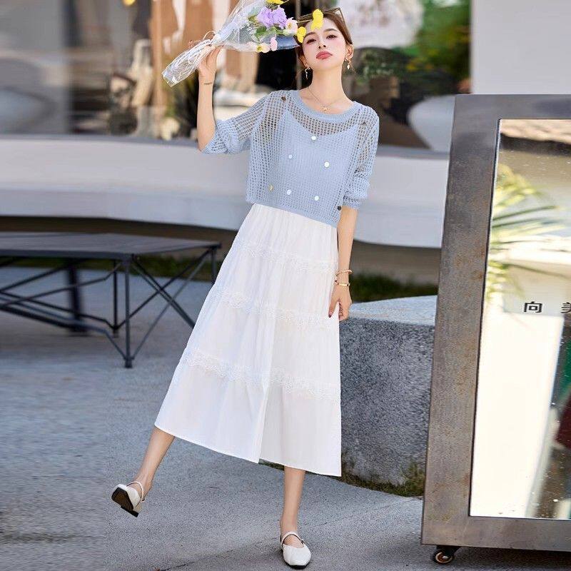 2025新款时尚针织小衫吊带连衣裙吊带裙两件套夏秋季温柔套装裙