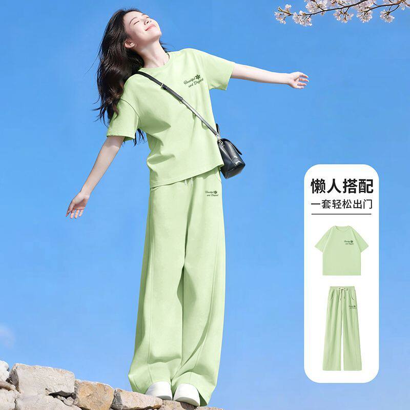 短袖裤子休闲两件套女绿色运动套装2026夏季新款小个子高级感穿搭