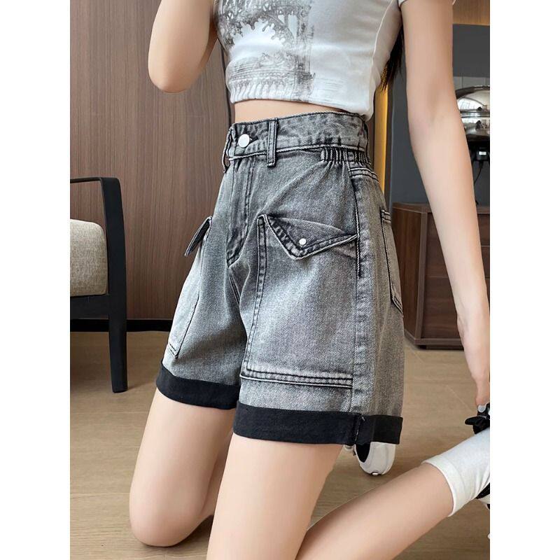 黑灰色卷边四分牛仔短裤女夏季薄款宽松阔腿a字侧松紧腰翻边热裤
