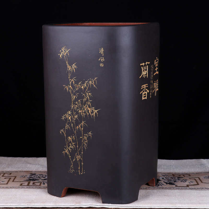蔓木人紫砂宜兴紫砂绘盆大绿刻植桌面兰花剑兰精品花盆手工四方