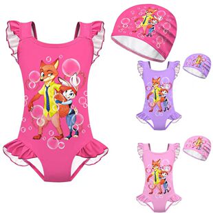 2女童连体花边度假泳衣泳帽 儿童泳衣疯狂动物城Zootopia 夏季 新款