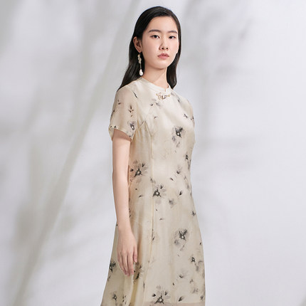 Distin Kidny/迪凯夏季天丝新中式碎花连衣裙复古修身显瘦旗袍裙