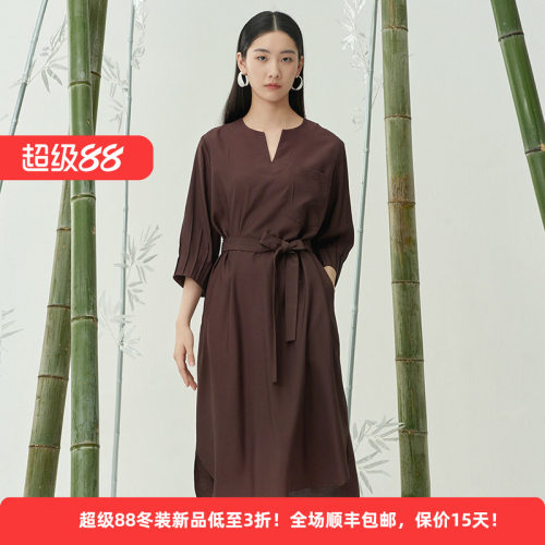 迪凯夏季V领收腰系带连衣裙