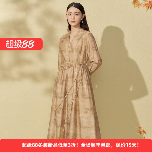 天丝国风印花收腰显瘦优雅连衣裙