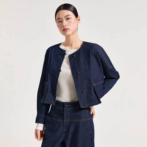 醋纤牛仔女国风盘扣工装短款外套