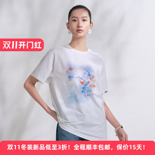 Distin Kidny/迪凯夏季棉质印花短袖T恤女装文艺圆领显瘦百搭上衣
