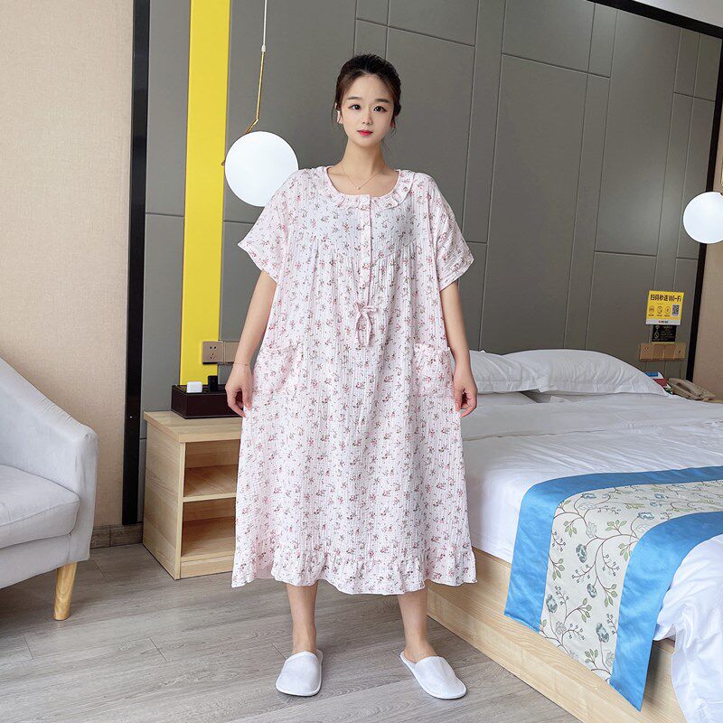 碎花短袖大码睡裙女200斤双层棉纱布夏天薄款胖mm孕妇睡衣家居服