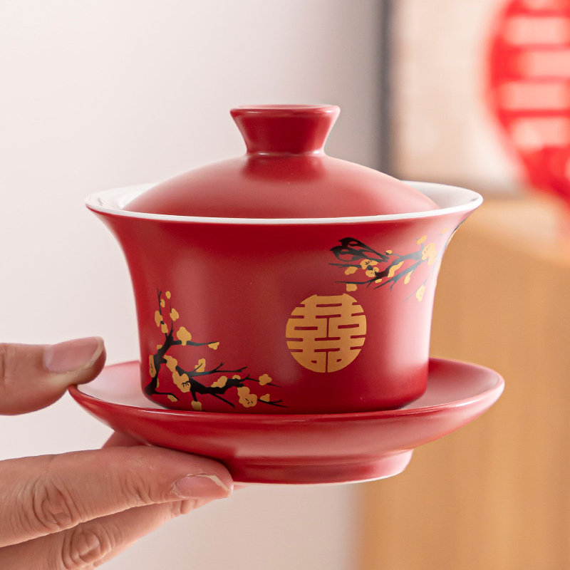 结婚敬茶杯4个新改口杯对陪嫁碗一对喜喜茶具婚礼碗套装红碗子孙