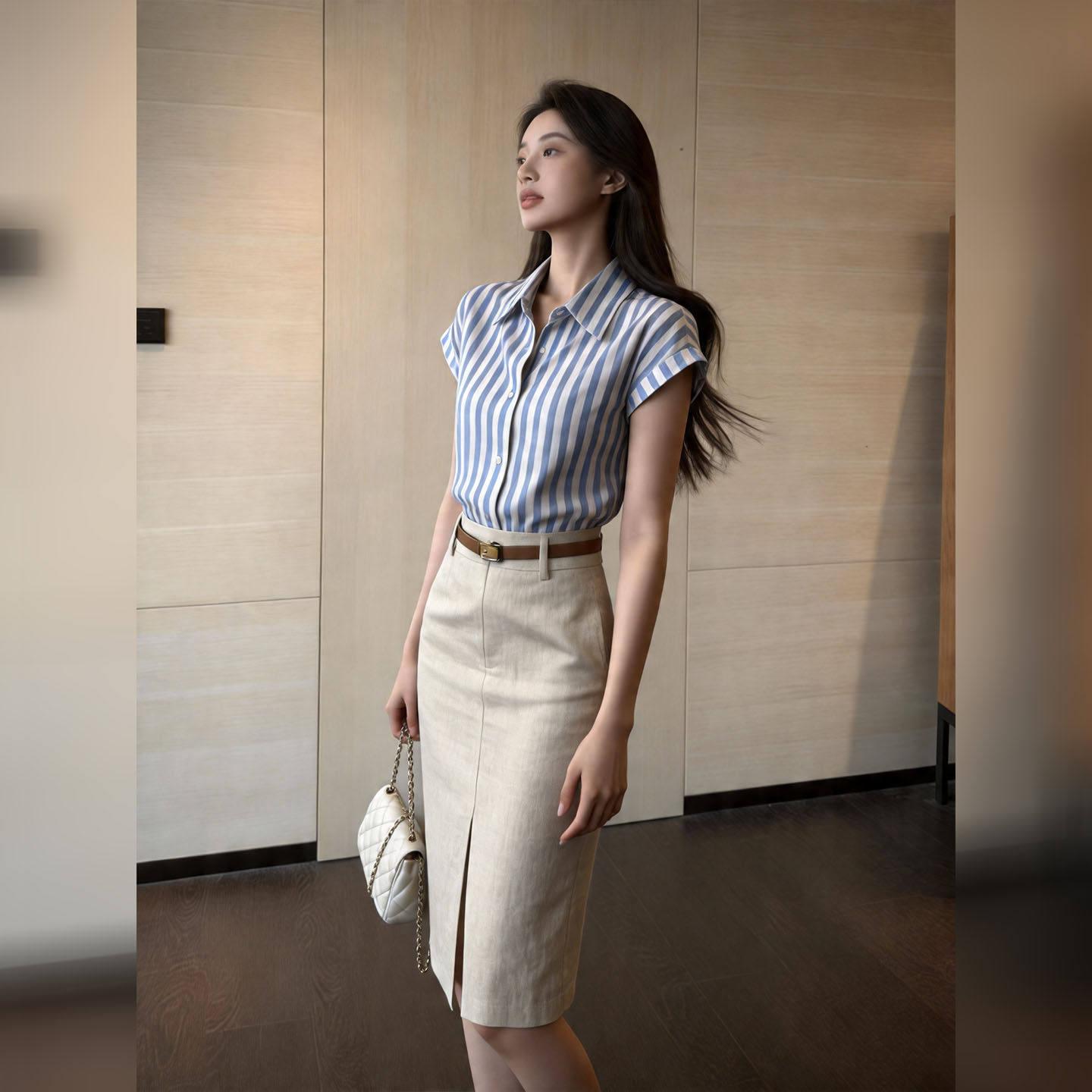 法式条纹衬衫半身裙套装女2026年夏季新款小个子通勤职业装两件套