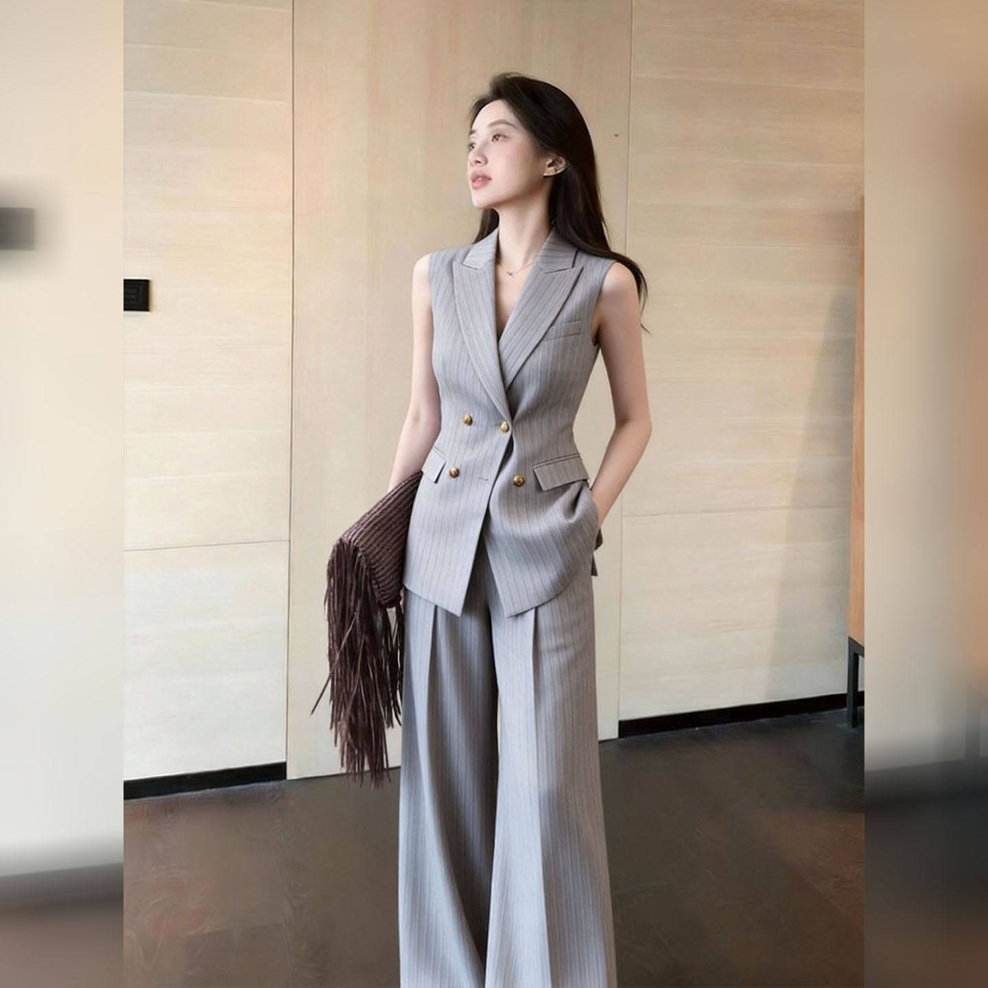 老钱风灰色无袖西装马甲阔腿裤套装女2026年夏季通勤高级感两件套